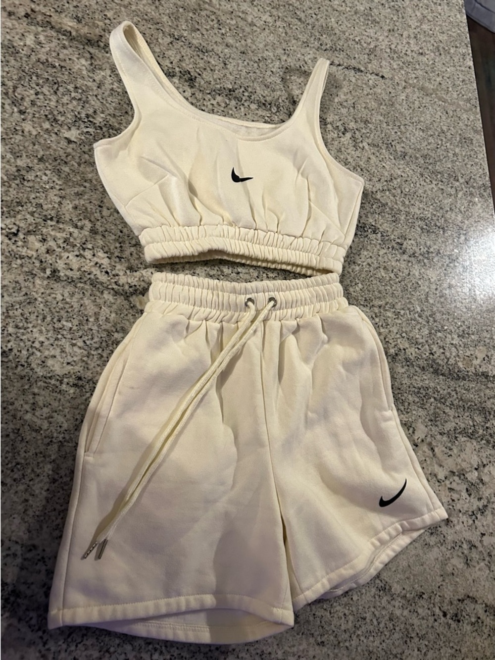Cream Two-Piece Crop Tank and Drawstring Shorts Set with Nike Logo